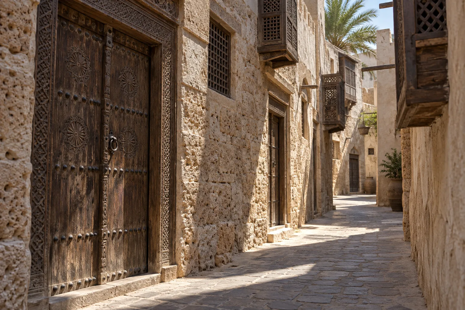 ممر عربي قديم متخيل مولد، تصطف فيه أبواب خشبية محفورة على جدران حجرية تحت ضوء متقطع.