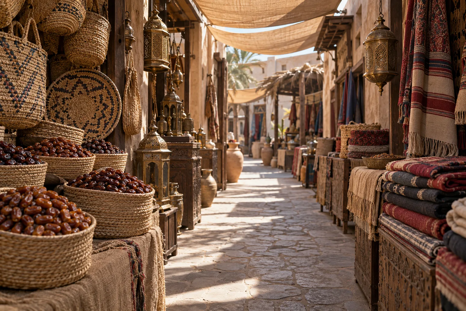 ممر سوق متخيل مولد، تظهر فيه سلال منسوجة وتمور وأقمشة ومصابيح نحاسية تحت ضوء دافئ.