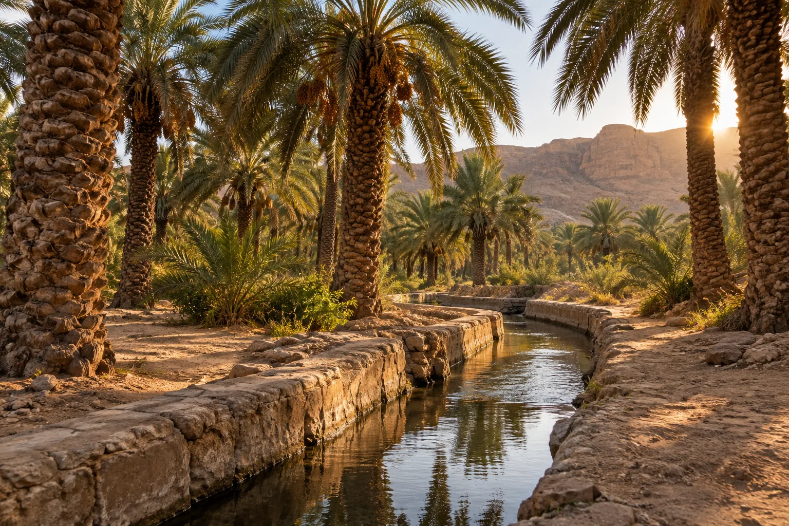 واحة متخيلة مولدة فيها نخيل وقناة ماء ضيقة تعكس ضوء العصر وظلال السعف.